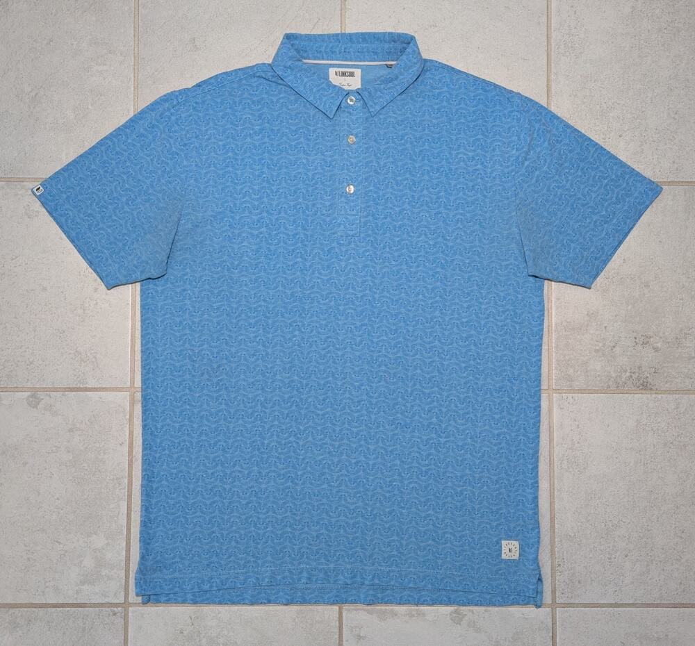 Linksoul Men's Large Polo Blue Geometric Tempus Fugit Golf Luxury Cotton Stretch